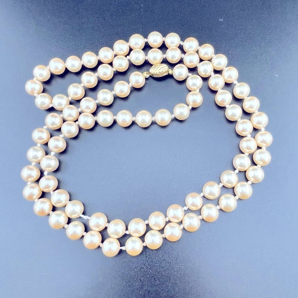 Vintage Marvella Individually Hand Knotted Champagne Faux Pearls Necklace 29"